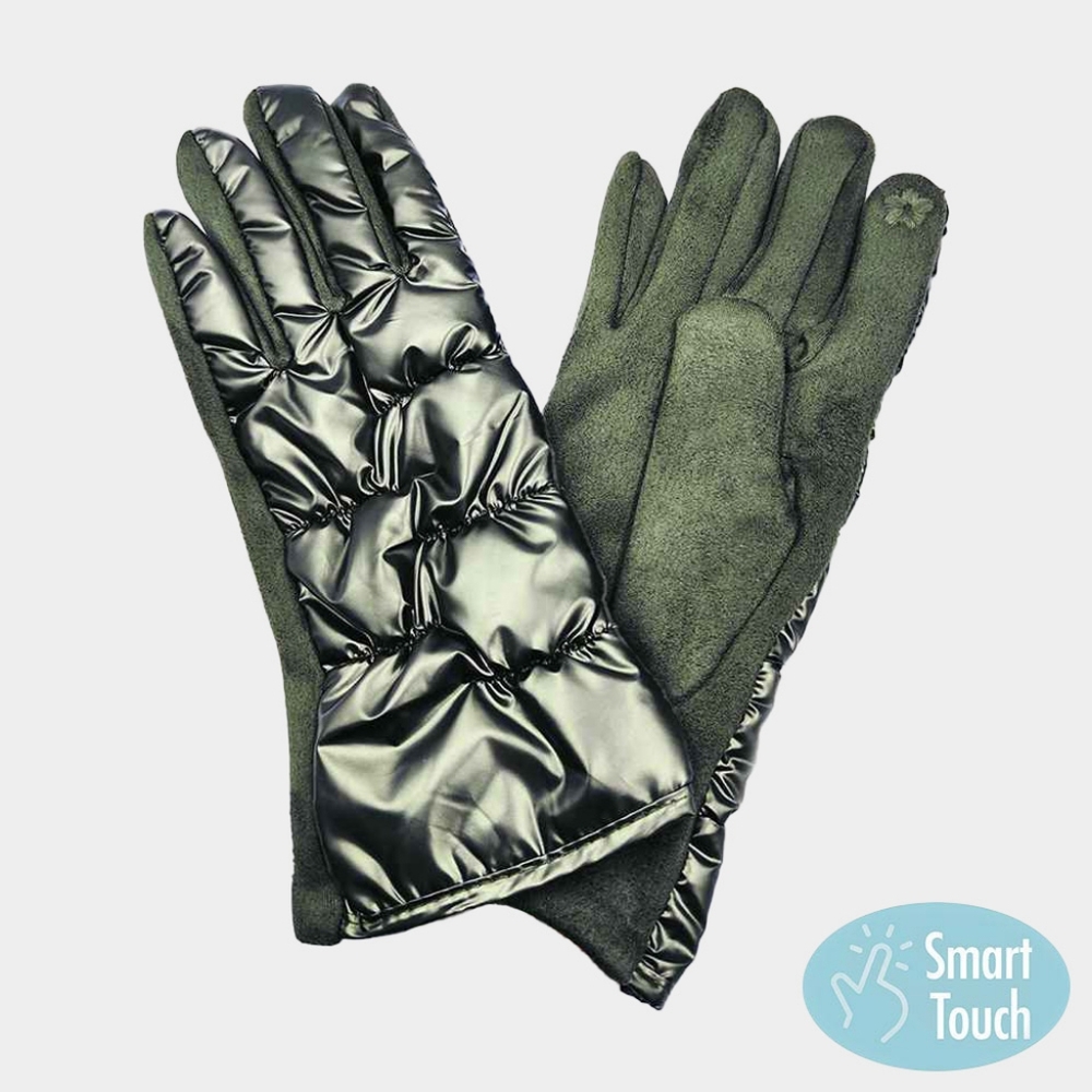 Olive Green Smart Touch Puffer Gloves Winter Fashion Accessories Trendy